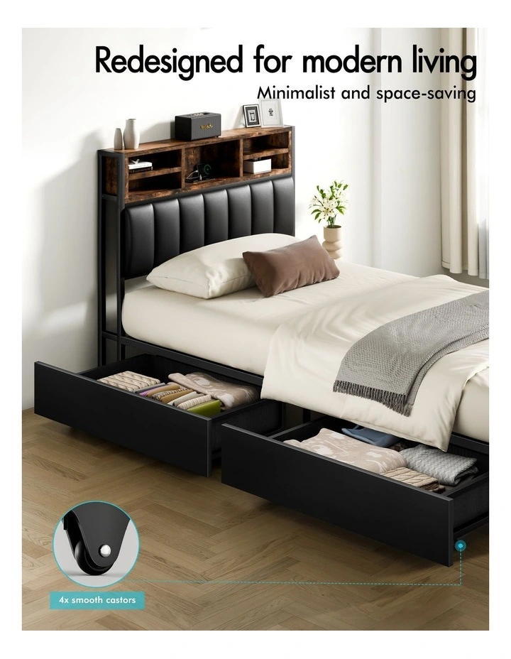 Bed Frame King Single LED Charging Station Drawers Storage Leather image 7