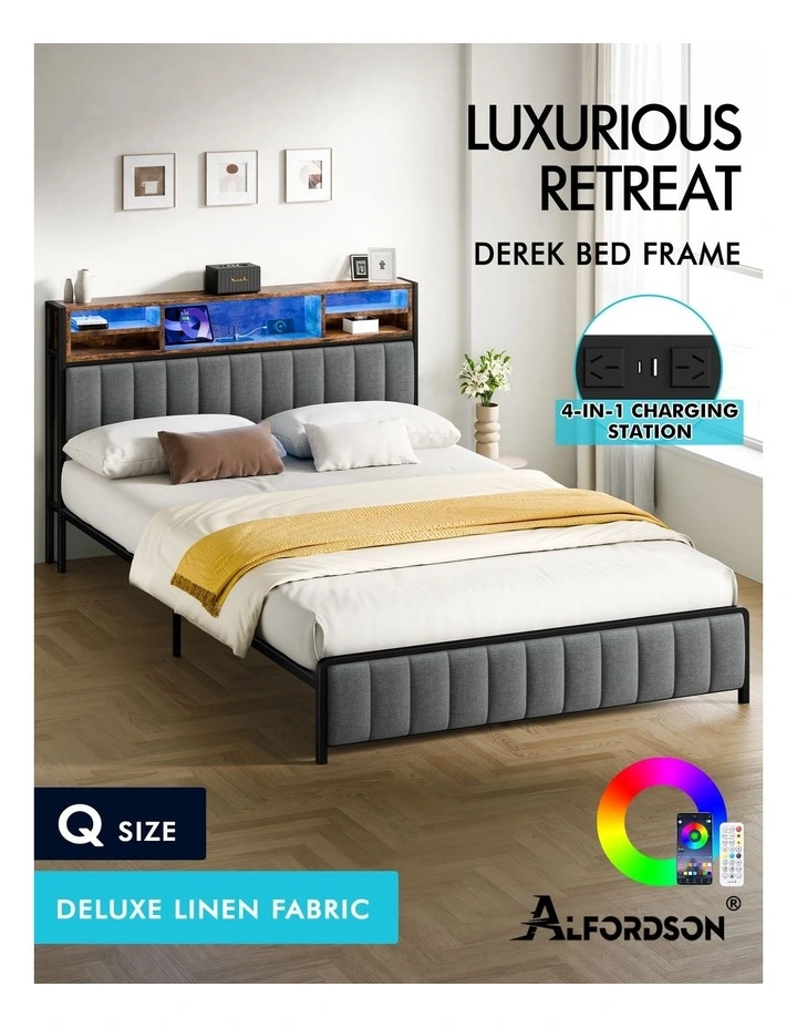 Bed Frame Queen LED Charging Station Linen Grey image 2