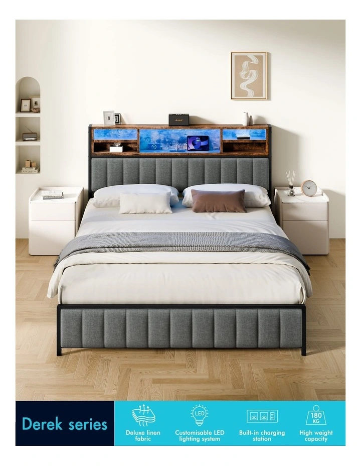 Bed Frame Queen LED Charging Station Linen Grey image 4