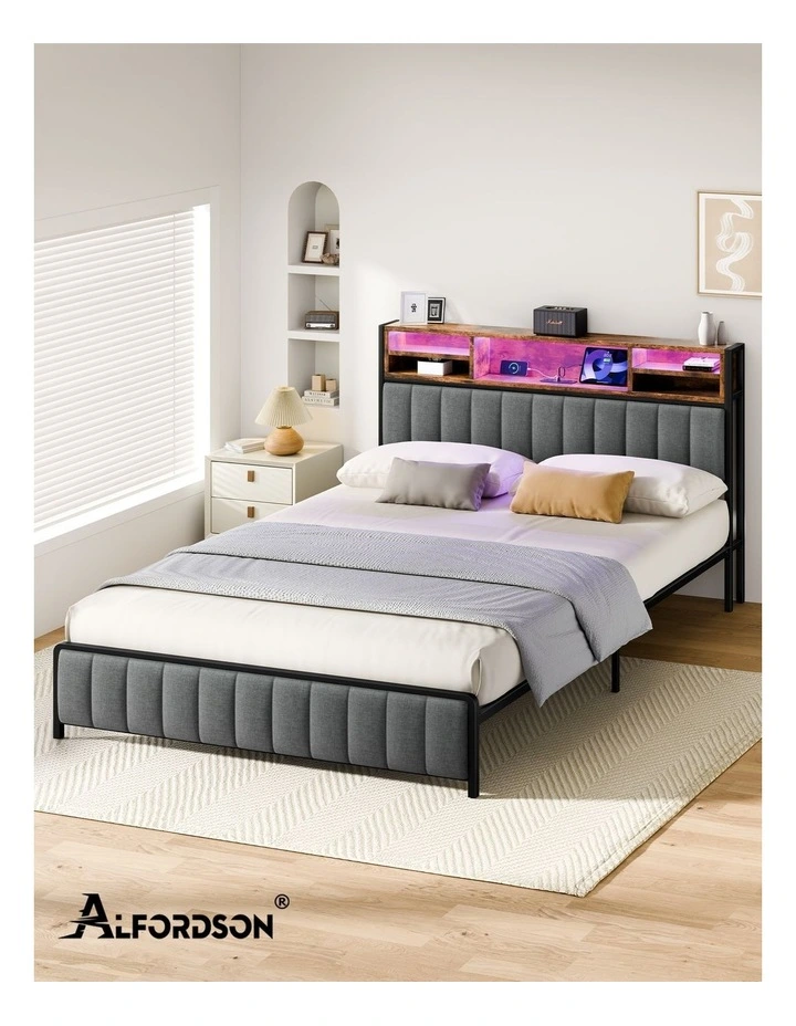 Bed Frame Queen LED Charging Station Linen Grey image 7