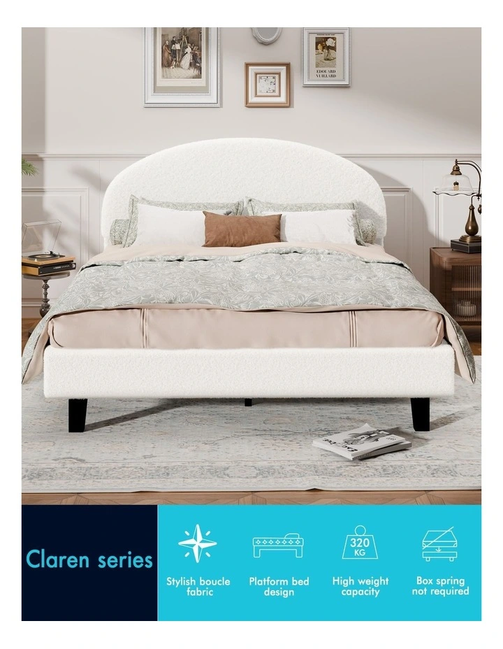 Bed Frame Double Size Boucle Mattress Base Platform White image 4