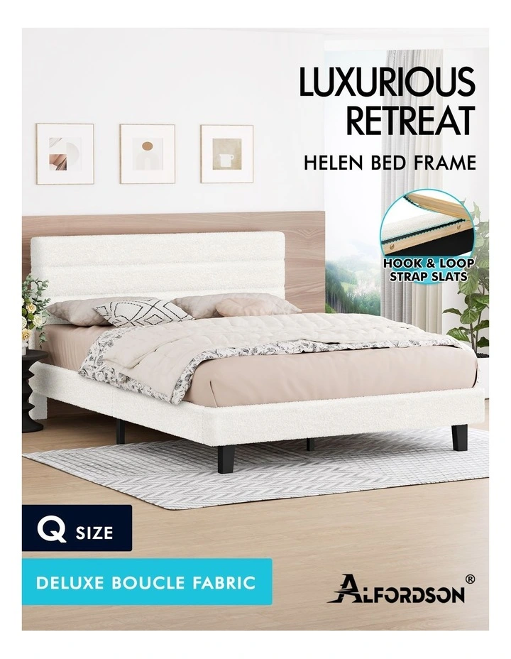 Bed Frame Queen Size Boucle White Mattress Base Platform image 2