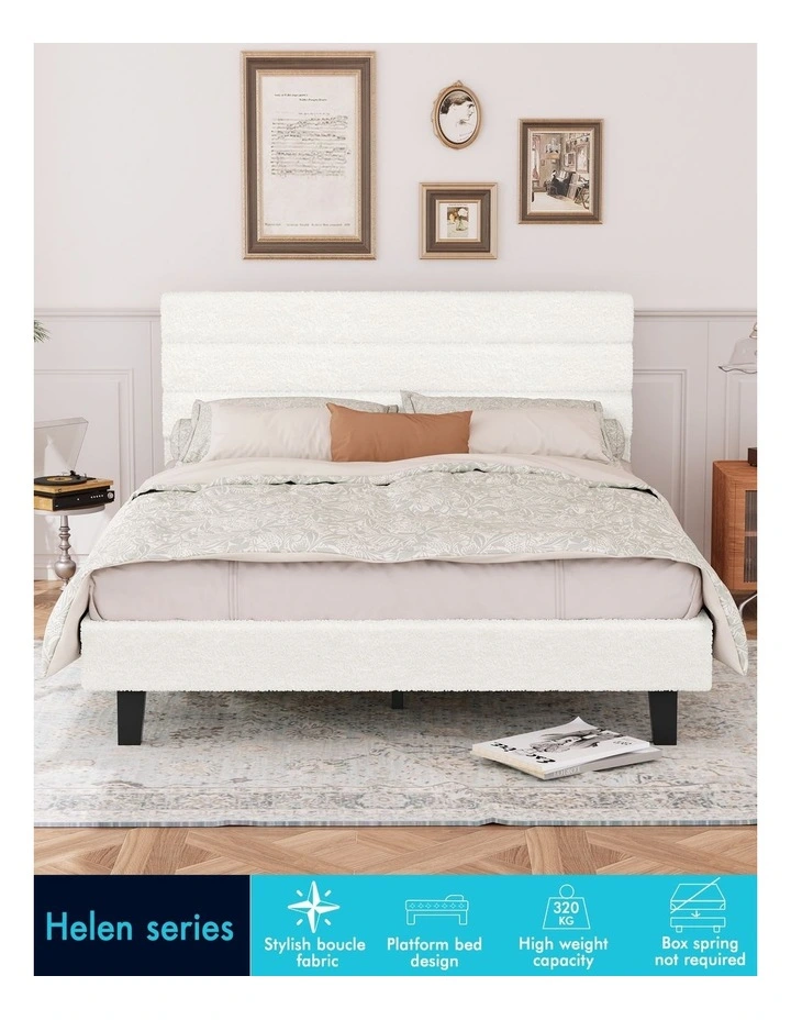 Bed Frame Queen Size Boucle White Mattress Base Platform image 4