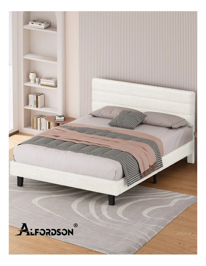 Bed Frame Queen Size Boucle White Mattress Base Platform image 7