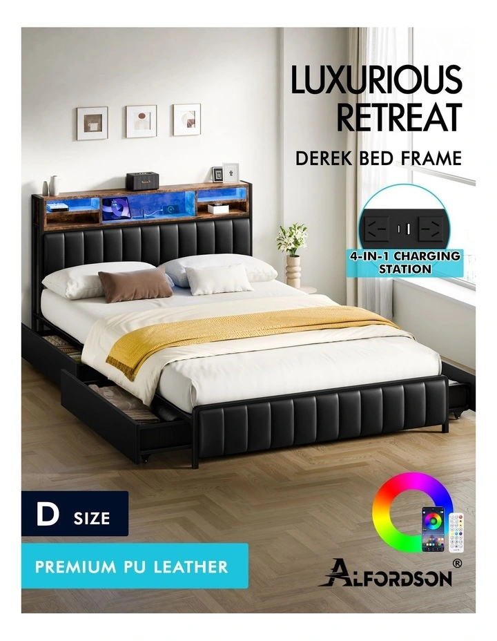 Bed Frame Double LED Charging Station Drawers Storage Leather image 2