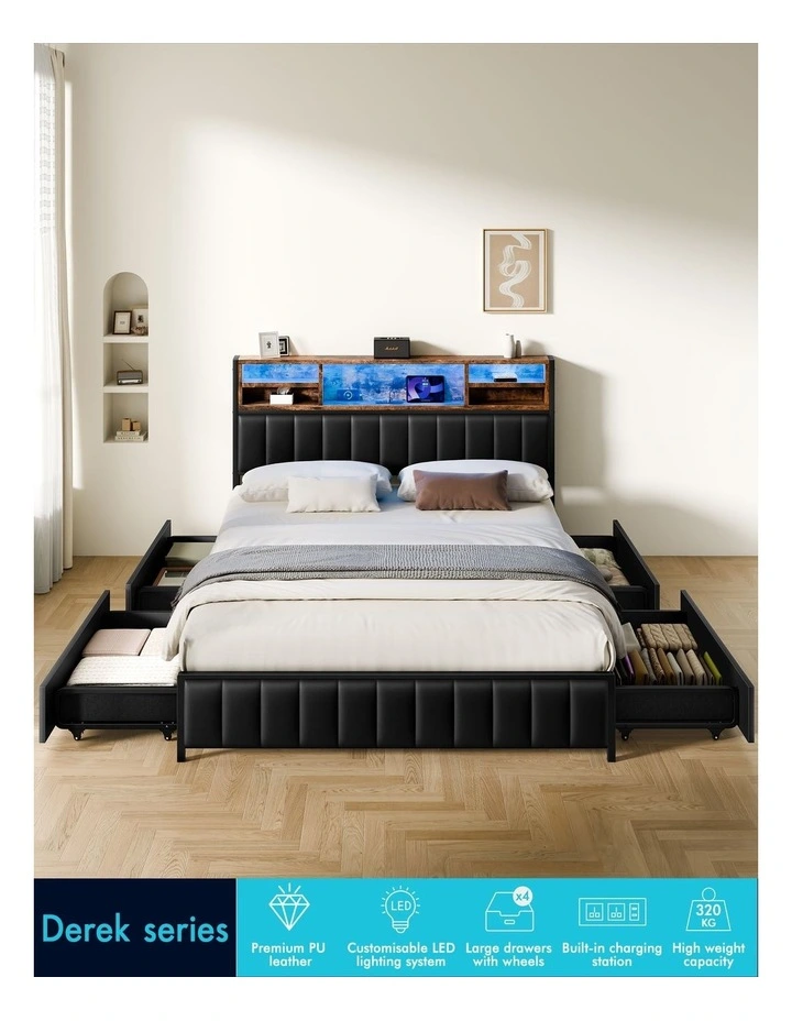 Bed Frame Double LED Charging Station Drawers Storage Leather image 4