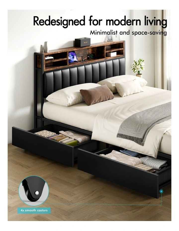 Bed Frame Double LED Charging Station Drawers Storage Leather image 7