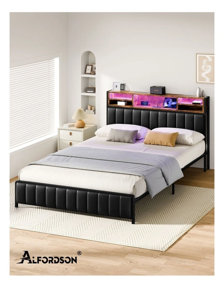 Bed Frame Double LED Charging Station Leather image 7