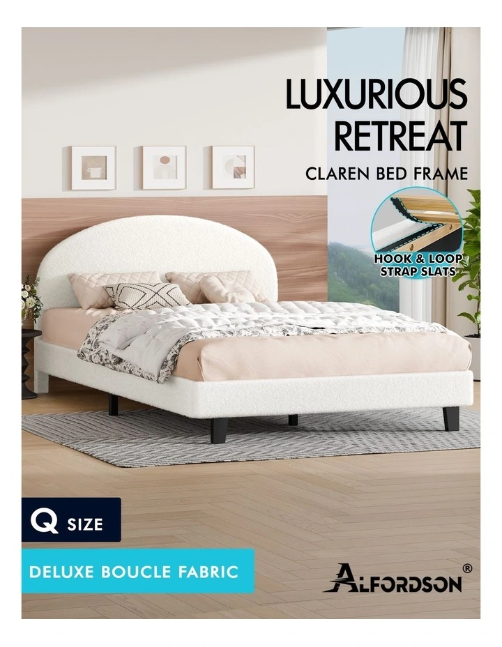 Bed Frame Queen Size Boucle Mattress Base Platform White image 2