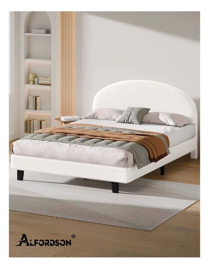 Bed Frame Queen Size Boucle Mattress Base Platform White image 7