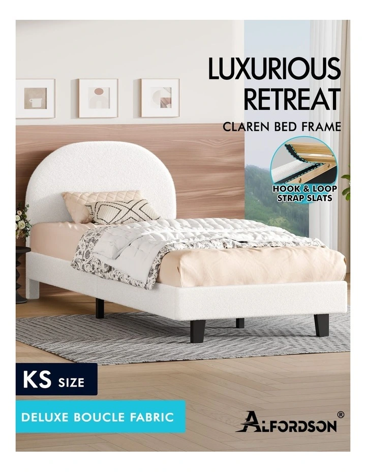 Bed Frame King Single Size Boucle Mattress Base Platform White image 2