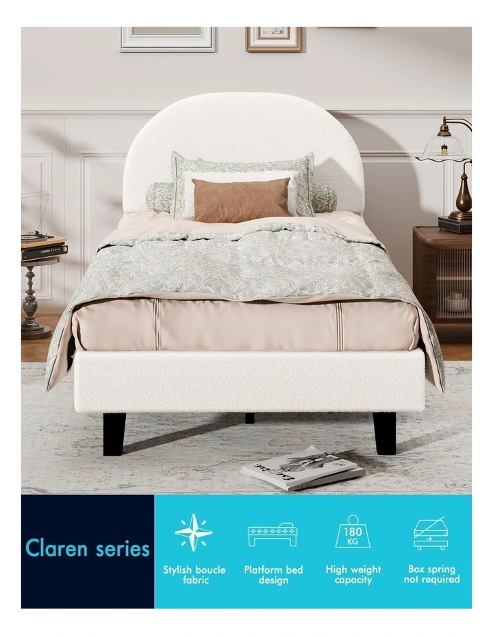 Bed Frame King Single Size Boucle Mattress Base Platform White image 4