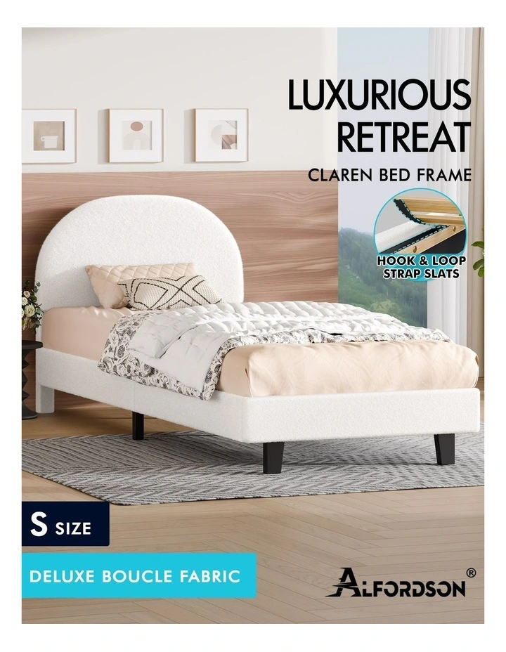 Bed Frame Single Size Boucle Mattress Base Platform White image 2
