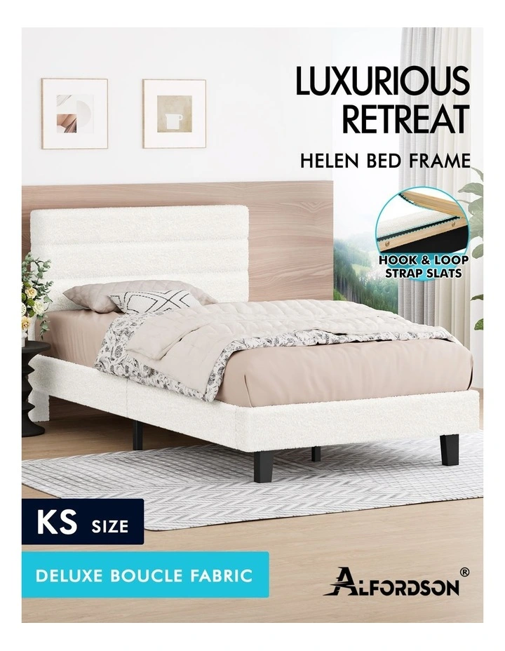 Bed Frame King Single Size Boucle White Mattress Base Platform image 2