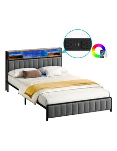Bed Frame Double LED Charging Station Linen Grey