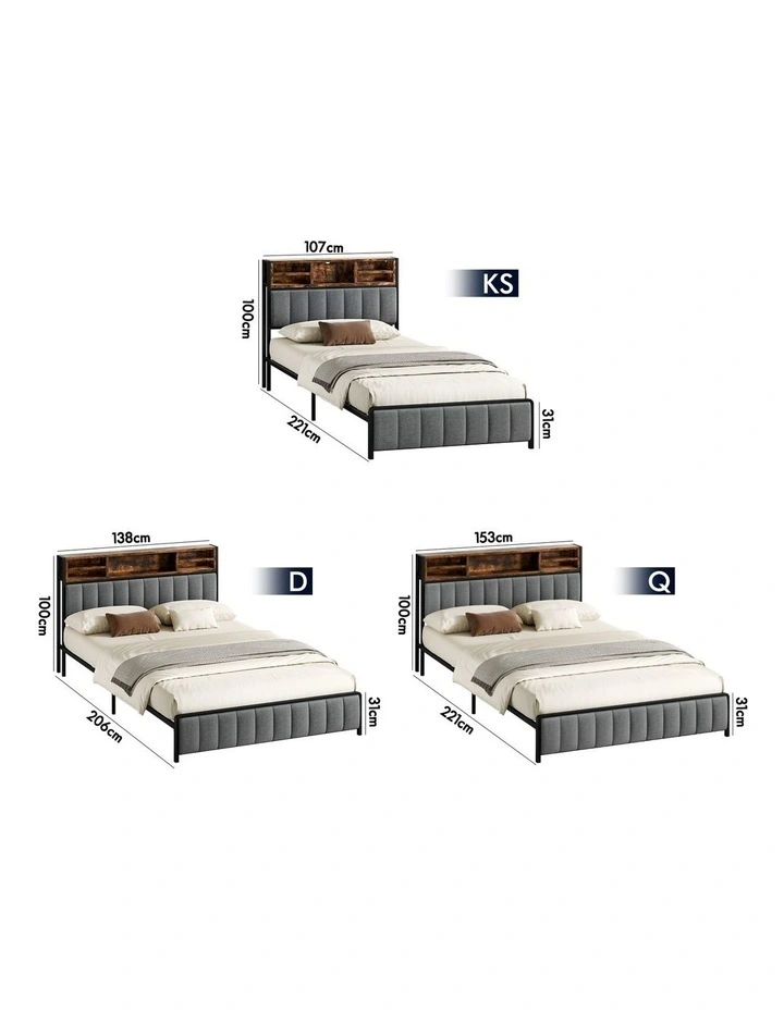 Bed Frame Double LED Charging Station Linen Grey image 3