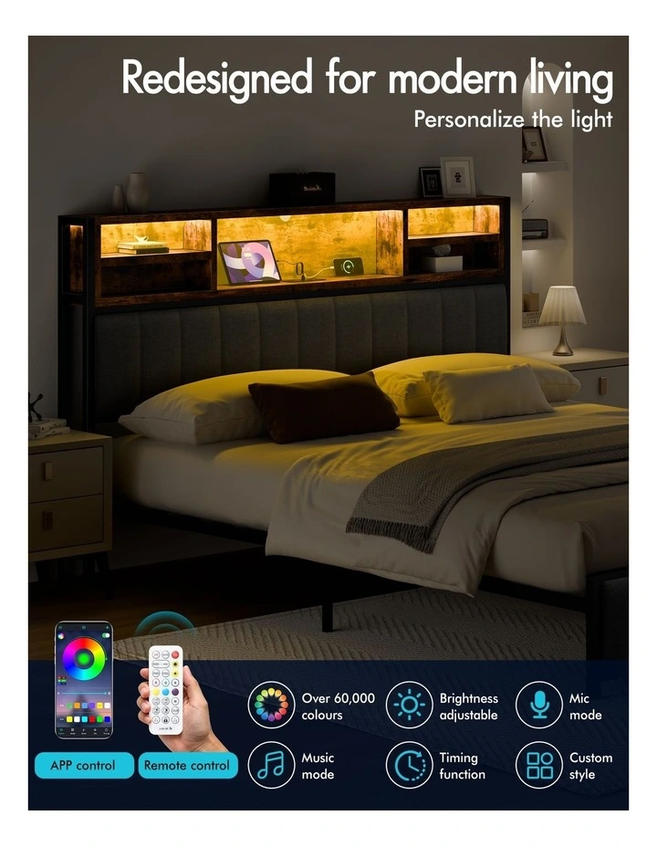 Bed Frame Double LED Charging Station Linen Grey image 6