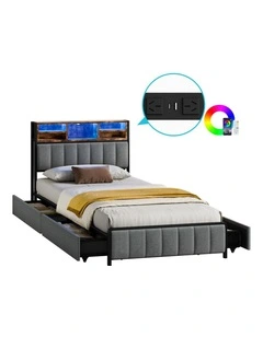 Bed Frame King Single LED Charging Station Drawers Storage Linen