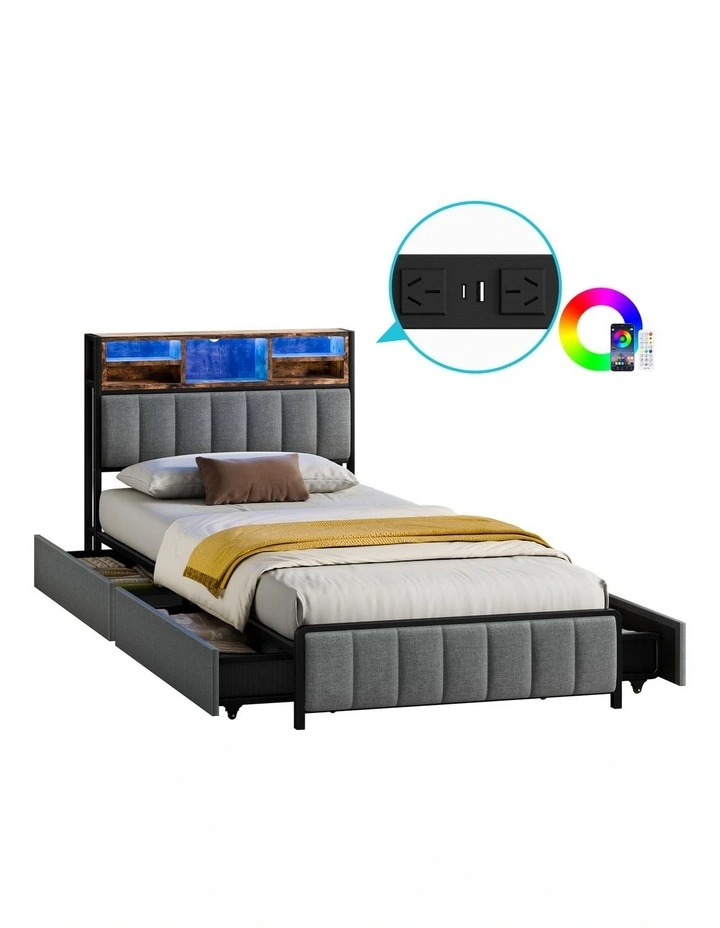Bed Frame King Single LED Charging Station Drawers Storage Linen image 1