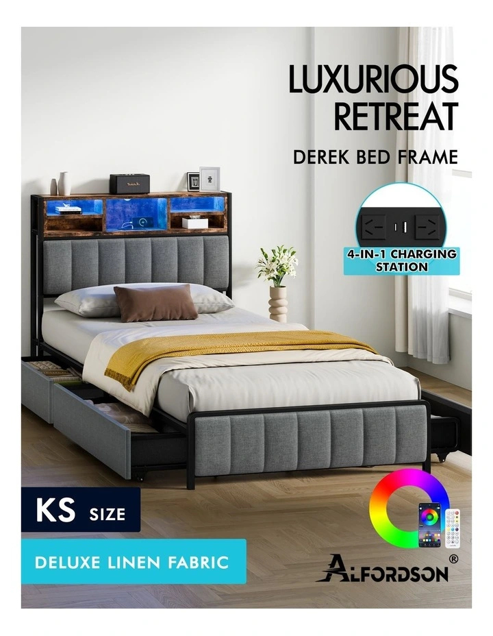 Bed Frame King Single LED Charging Station Drawers Storage Linen image 2