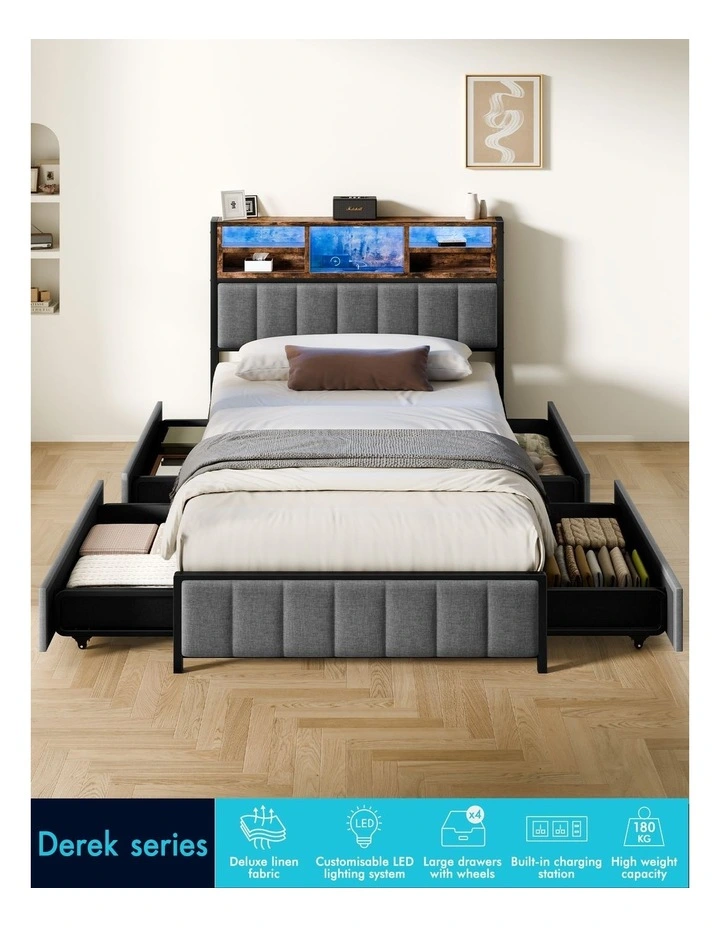 Bed Frame King Single LED Charging Station Drawers Storage Linen image 4