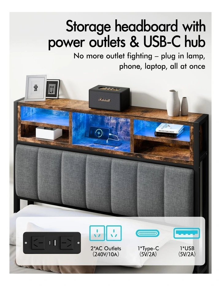 Bed Frame King Single LED Charging Station Drawers Storage Linen image 5