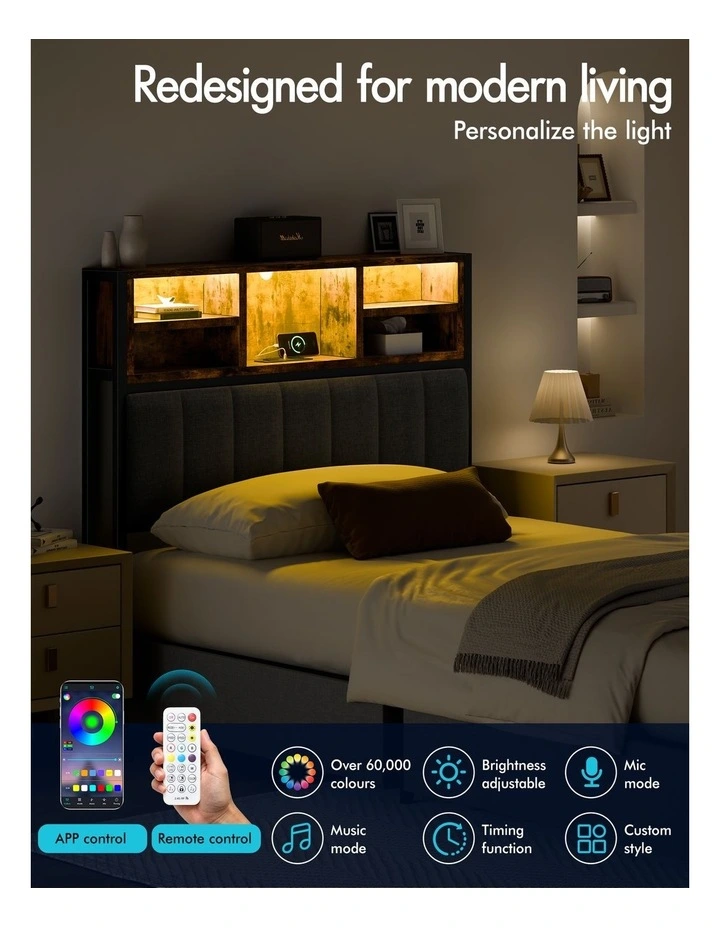Bed Frame King Single LED Charging Station Drawers Storage Linen image 6