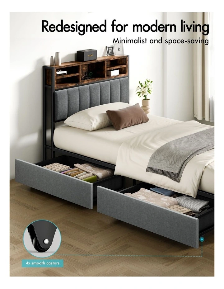 Bed Frame King Single LED Charging Station Drawers Storage Linen image 7