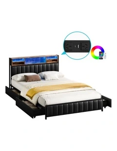 Bed Frame Queen LED Charging Station Drawers Storage Leather