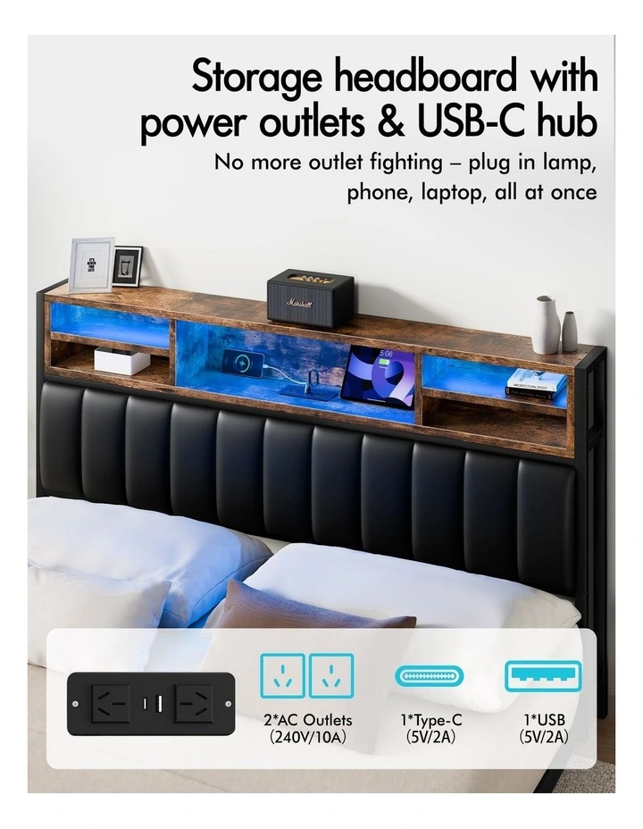 Bed Frame Queen LED Charging Station Drawers Storage Leather image 4