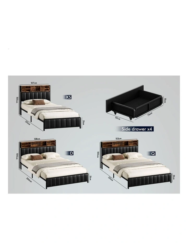 Bed Frame Queen LED Charging Station Drawers Storage Leather image 7