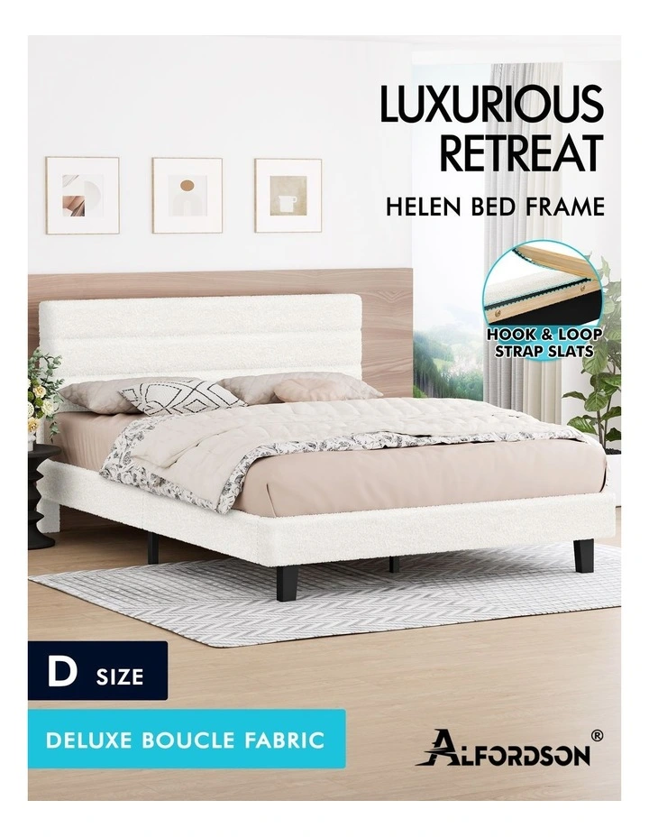 Bed Frame Double Size Boucle White Mattress Base Platform image 2