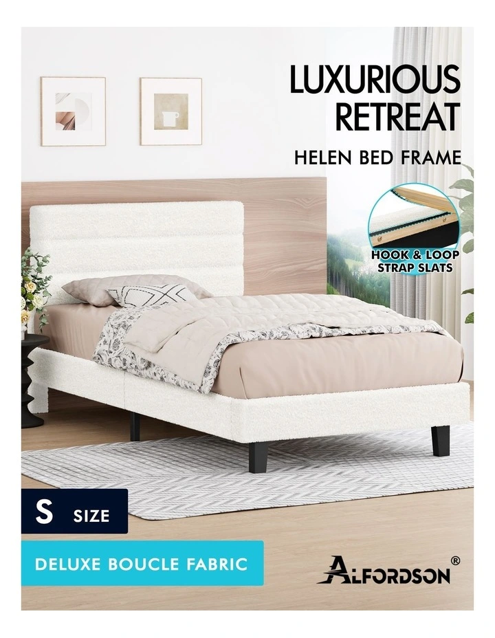Bed Frame Single Size Boucle White Mattress Base Platform image 2