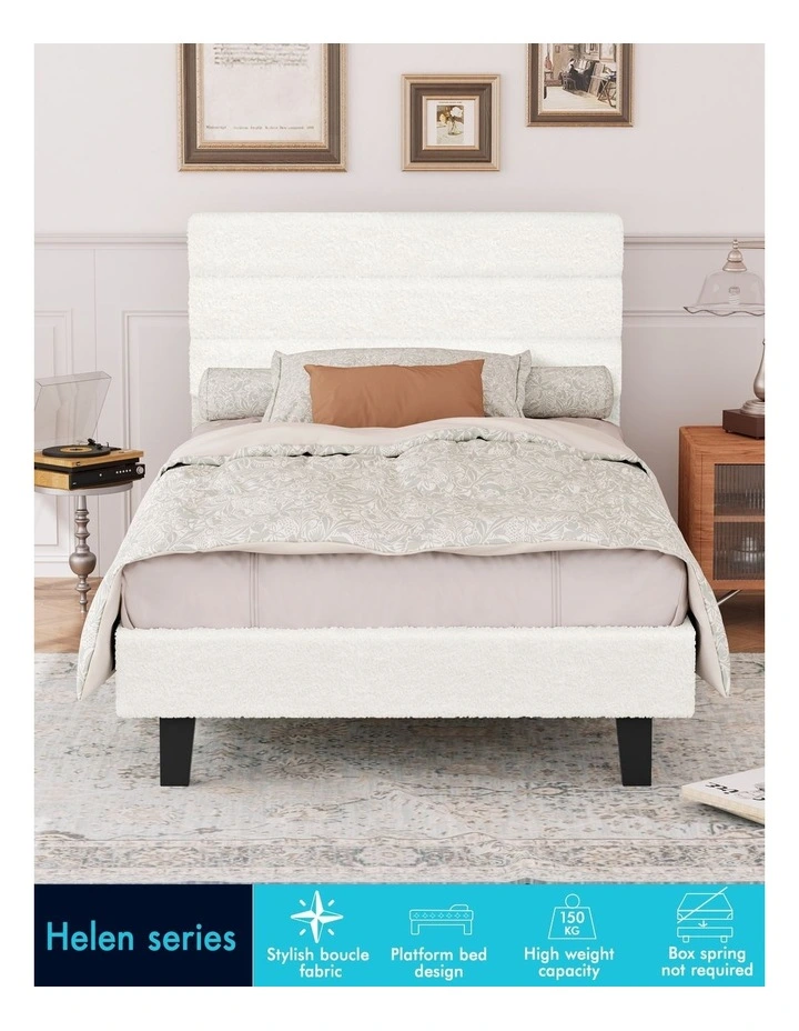 Bed Frame Single Size Boucle White Mattress Base Platform image 4