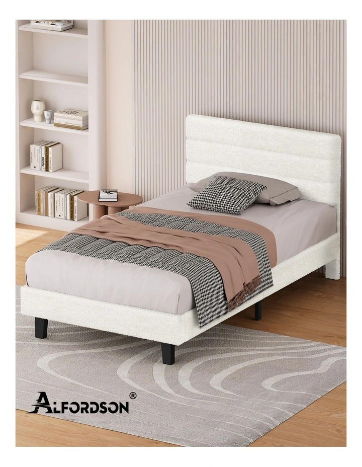 Bed Frame Single Size Boucle White Mattress Base Platform image 7