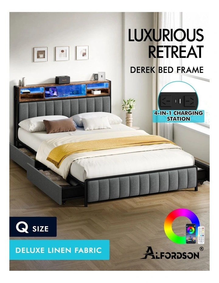 Bed Frame Queen LED Charging Station Drawers Storage Linen image 2