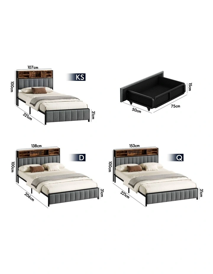 Bed Frame Queen LED Charging Station Drawers Storage Linen image 3