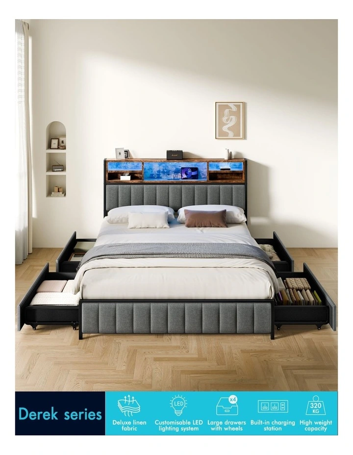 Bed Frame Queen LED Charging Station Drawers Storage Linen image 4