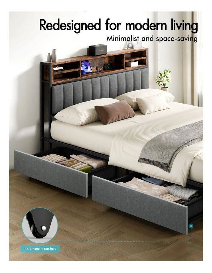 Bed Frame Queen LED Charging Station Drawers Storage Linen image 7