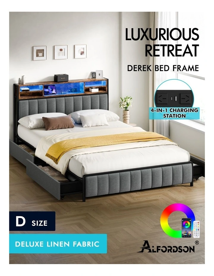 Bed Frame Double LED Charging Station Drawers Storage Linen image 2