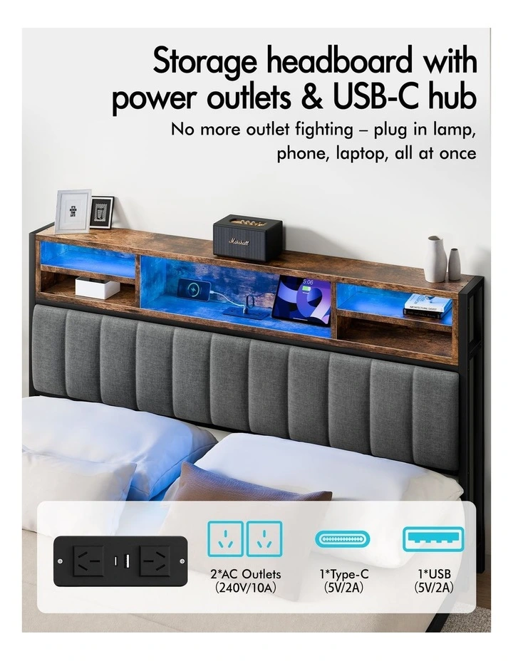 Bed Frame Double LED Charging Station Drawers Storage Linen image 5