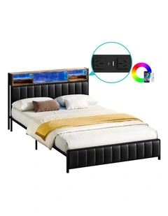 Bed Frame Queen LED Charging Station Leather Black