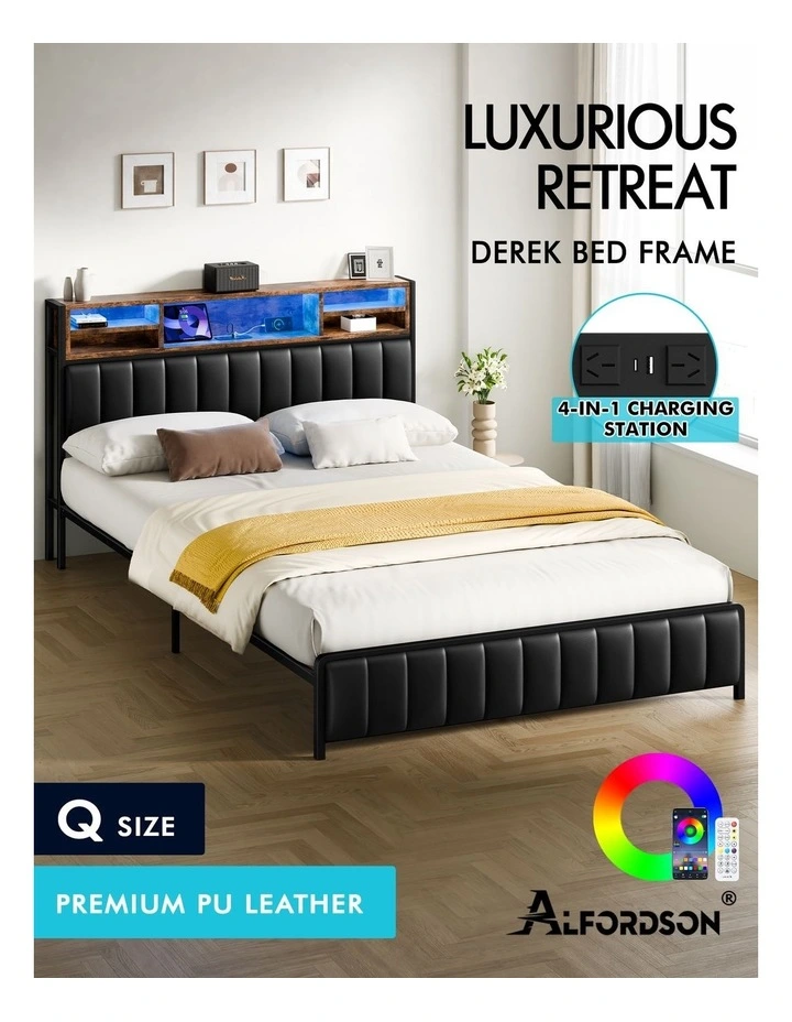 Bed Frame Queen LED Charging Station Leather Black image 2