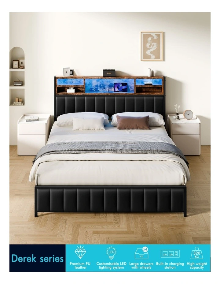 Bed Frame Queen LED Charging Station Leather Black image 4