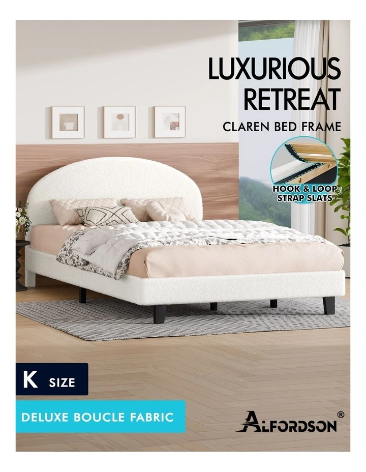 Bed Frame King Size Boucle Mattress Base Platform White image 2