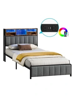 Bed Frame King Single LED Charging Station Linen Grey