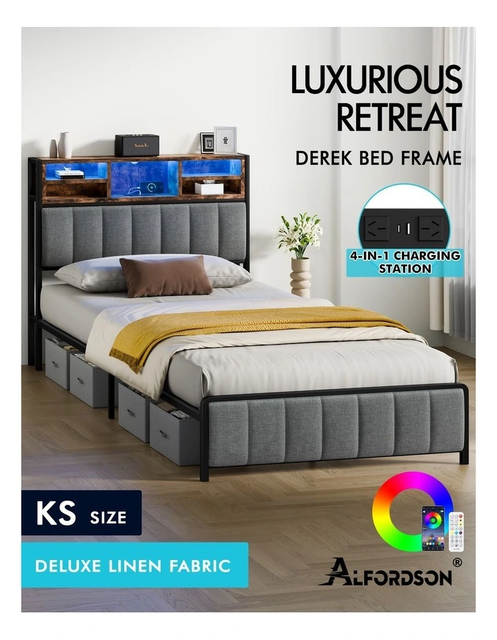 Bed Frame King Single LED Charging Station Linen Grey image 2