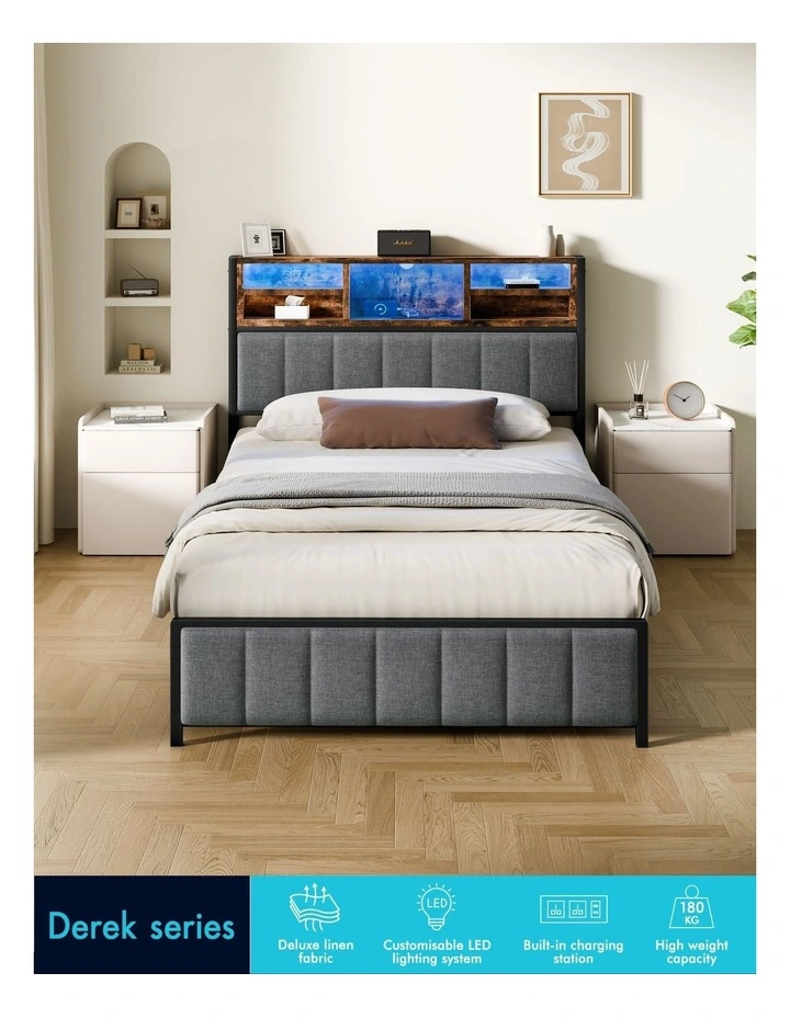 Bed Frame King Single LED Charging Station Linen Grey image 4