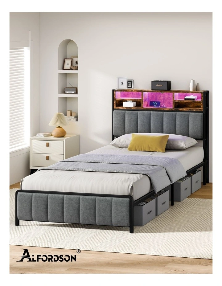 Bed Frame King Single LED Charging Station Linen Grey image 7