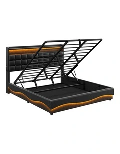 Gas Lift Bed with Storage Headboard, Black Faux Leather Upholstered Bed with LED and USB Charging